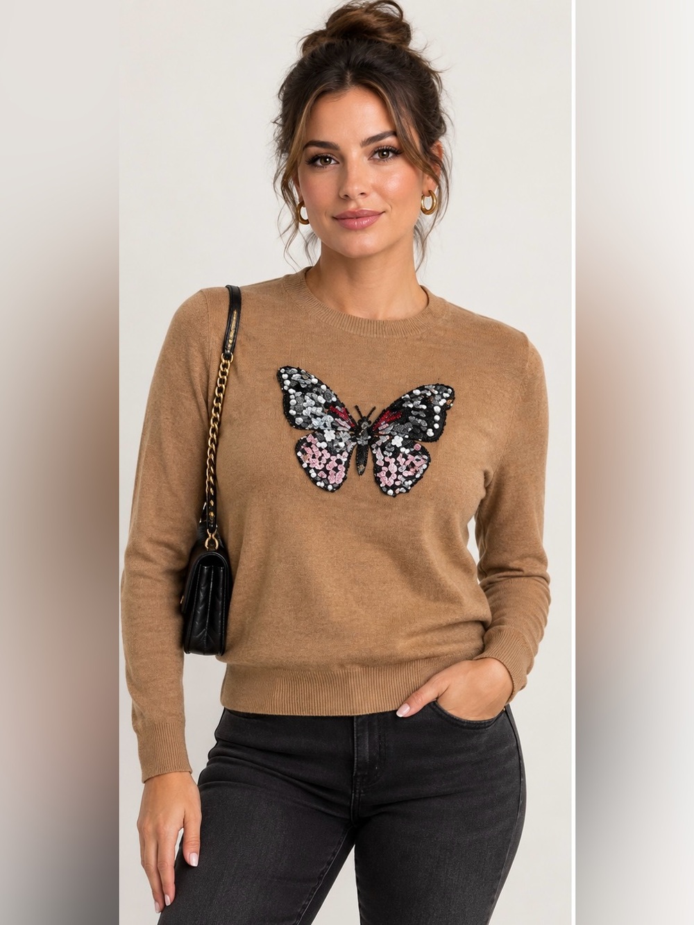 Markus Lupfer Merino Wool Sweater Tan Embellish Butterfly Small Crewneck